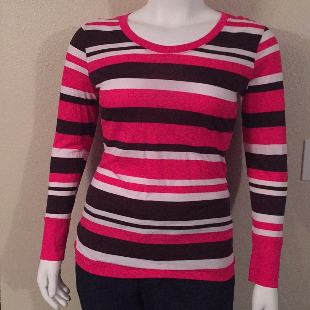 Pink, white, and brown striped long sleeved shirt.
